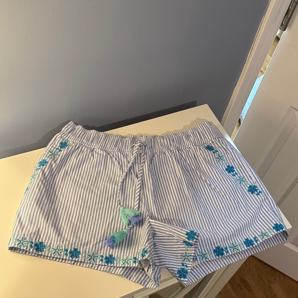 Vineyard Vine Blue Striped Shorts with Floral Embroidery
